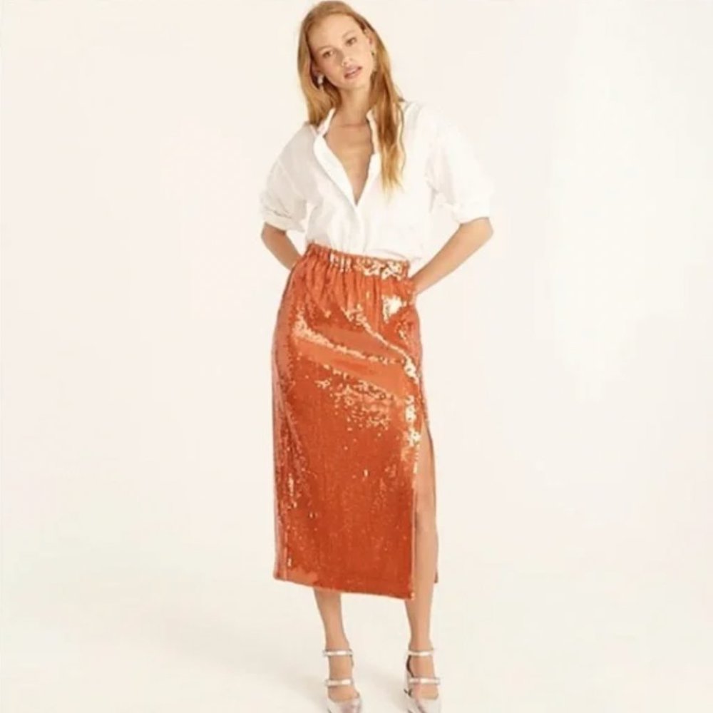 J CREW ORANGE SEQUIN MIDI SKIRT SZ L